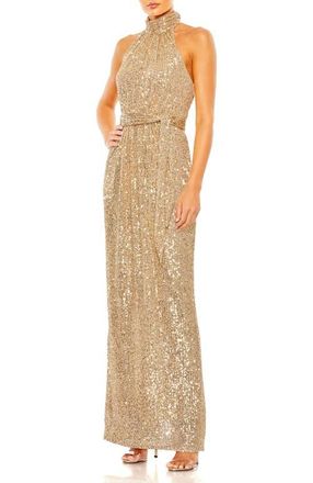 Mac Duggal Sequined Halter Neck Belted Soft Tie Dress in Champagne at Nordstrom, Size 14