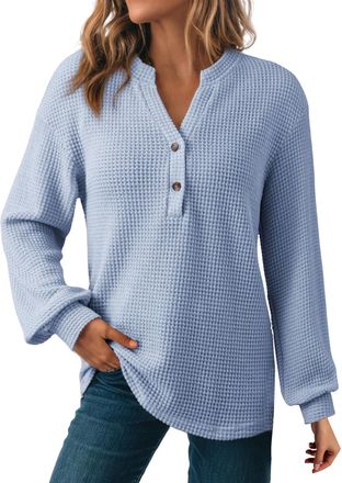 Generic Womens Long Sleeve Tops Waffle Knit T-Shirts Loose V Neck Tunic Henley Shirts Button Up Blouse Ladies Loose Sweatshirts Elegant Solid Color Tops (Ligh