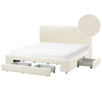 Beliani Beliani - Cama Moderna Con Cajones Tapicer&iacute;a De Boucl&eacute; Con Somier De Listones 180 X 200 Cm Blanco Crema Soutrin