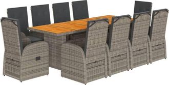 vidaXL 11 Piece Garden Dining Set with Cushions Grey Poly Rattan vidaXL