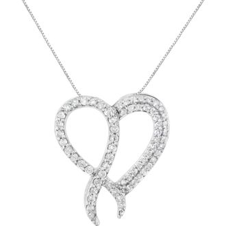 House of Brilliance Silver 1 cttw Diamond Heart and Ribbon 18 Pendant Necklace in White at Nordstrom