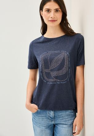 Cecil T-Shirt CECIL, Damen, Gr. XS (36), blau (urban navy), Jersey, Obermaterial: 50% Baumwolle, 50% Polyester, bedruckt, unifarben, normal h&uuml;ftbedeckend, U