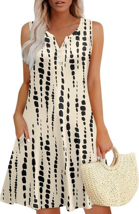 Generic Summer Dresses for Women UK Button Up V Neck Ladies Dress Casual Floral Pattern Print Loose Sleeveless Sundress with Pockets Beach Holiday Clothes,Mil