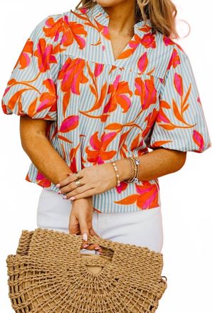 THML Clothing Striped Floral Puff Sleeve Top In Multi