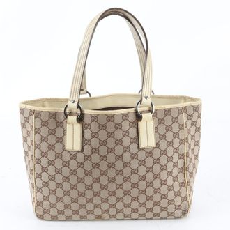 Gucci Beige Leather Canvas Handbag Shoulder Bag Tote Bag (Pre-Owned)