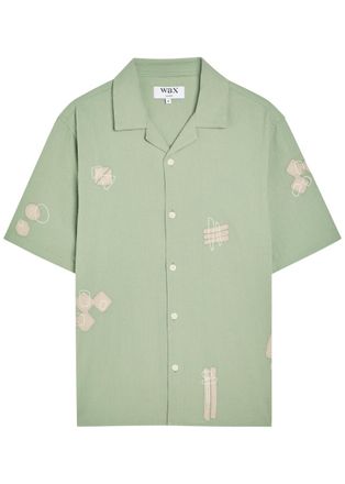 Wax London Didcot Embroidered Seersucker Shirt - Sage - Xxl