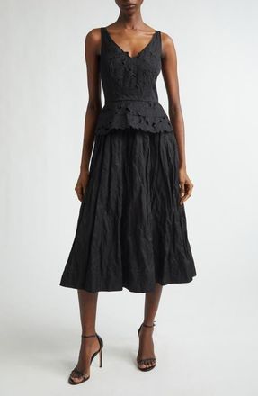 Jason Wu Floral Embroidered Crinkled Peplum Midi Dress in Black at Nordstrom, Size 8