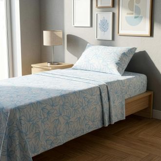 KASANOVA Completo letto 1 piazza e mezza policotone foglie azzurro