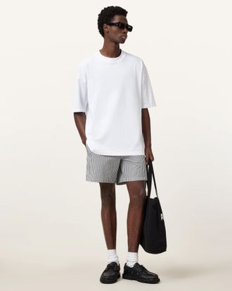 AllSaints Mens Polyester Warden Striped Seersucker Swim Shorts, Size: XXL