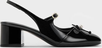 Charles & Keith Patent Bow Crystal-Pearl Slingback Mary Jane Pumps