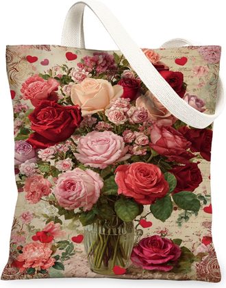 Generic Floral Canvas Tote Bags, Vintage Rose Pattern Reusable Shopping Bags, Romantic Rustic Lightweight Washable Shoulder Strap C, Multicolor, 13x15 Inch