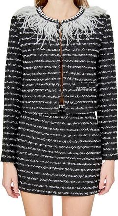 endless rose Feather Trim Tweed Jacket in Black at Nordstrom, Size X-Small