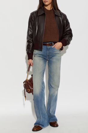 Ami Leather Jacket With Collar, Womens, Burgundy