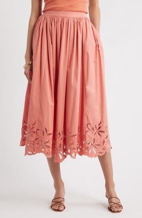 Nordstrom Schiffly Embrodiered Hem Cotton Midi Skirt in Coral Apricot at Nordstrom Rack, Size Xx-Small