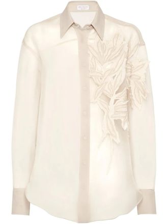 Brunello Cucinelli Flora-appliqué shirt - women - Silk - S - Neutrals