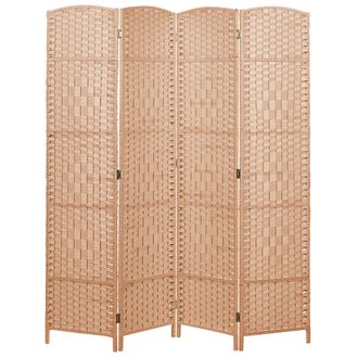 Beliani Biombo Separador Decorativo Tradicional 4 Paneles Plegable Cuerda De Papel Marco De Madera De &Aacute;lamo Sala De Estar Dormitorio Natural Lappago