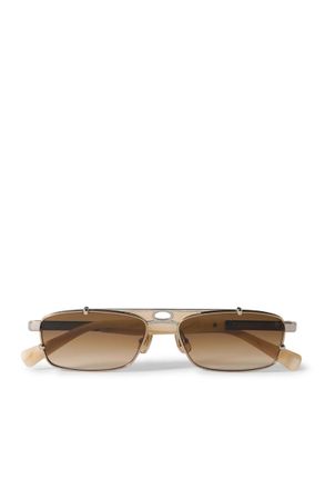 Brunello Cucinelli Square-Frame Leather-Trimmed Gold-Tone Sunglasses