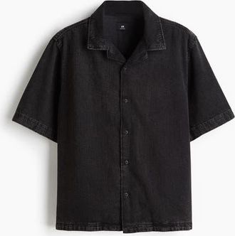 H&M Regular Fit Denim Resort Shirt in Black at Nordstrom, Size Xx-Large