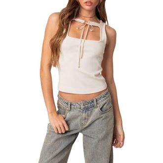 Edikted Isabetta Tie Front Knit Tank Top in White at Nordstrom, Size X-Small