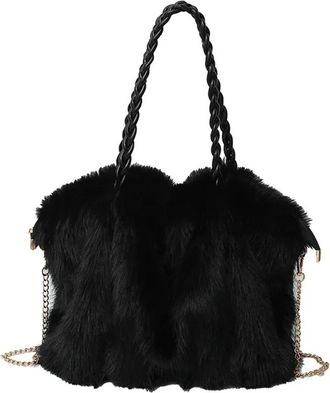 Generic Womens Plush Bags Plush Tote Bag Autumn Winter Womens Handbag Shoulder Large Capacity Crossbody Foldable Ladies Purse(Black)