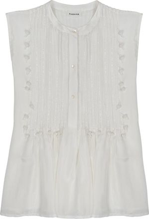 P.A.R.O.S.H. Round Neck Silk Blouse With Pintuck Pleats And Embroidery