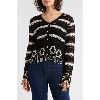 Forgotten Grace Floral Open Knit Button-Up Sweater in Black/Natural at Nordstrom Rack, Size X-Large