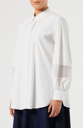 Marina Rinaldi Embroidery Trim Long Sleeve Cotton Poplin Shirt in Optical White at Nordstrom, Size 20W