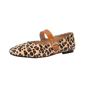 Generic Womens Pump Slip-on Flat Shoes Sexy Leopard Print Casual Shoes Square Toe Buckle Wide fit (10.5) Brown