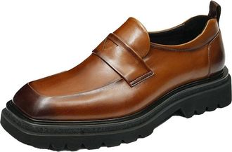 Generic Mens Slip on Platform Loafers Chunky Block Heel Business Formal Shoes Square Toe Wedding Dress Shoes,Brown,4.5 UK