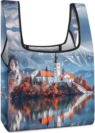 Generic Bled with Lake, Island, Castle And Mountains Shopping Bag Reusable Grocery Tote Bag Foldable Handbag for Travel Picnic