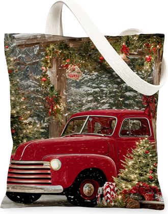 Generic Christmas Red Truck Canvas Tote Bags, Holiday Farmhouse Design Reusable Bags, Winter Rustic Lightweight Washable Canvas for, Red, 13x15 Inch