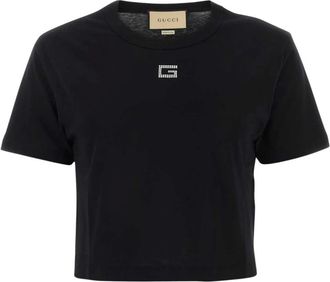 Gucci T-Shirts, female, Black, Size: M Crystal G Logo Cropped T-Shirt