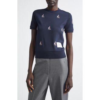 Thom Browne Sailboat Cotton Blouson T-Shirt in Navy at Nordstrom, Size 10 Us