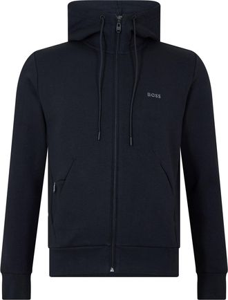 HUGO BOSS Mens Saggy Solid Patterned Hooded Drawstring Ribbed Cuff Sweat Jacket in Black - Size X-Small