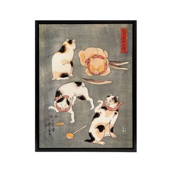 Artery8 Four Cats in Different Poses Kuniyoshi Black Framed Canvas Art Print in Grey | Size: W24 x H32