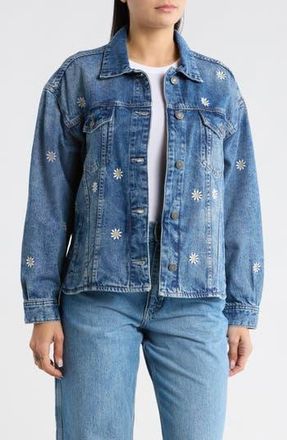 Desigual Embroidered Denim Trucker Jacket in Medium Blue at Nordstrom Rack, Size Large