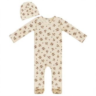 Fragile Ribbed Flower Print Romper with Hat in Off White/cognac at Nordstrom, Size 6M