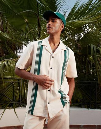 Alma de Ace Alma de Ace - Camicia a maniche corte beige con righe in coordinato-Bianco