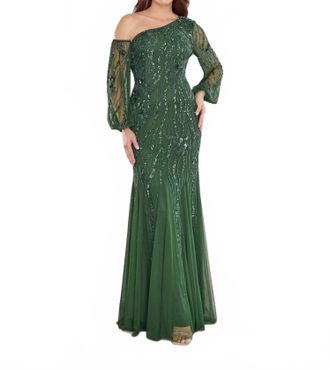 Adrianna Papell Beaded One Shoulder Gown In Hunter Green