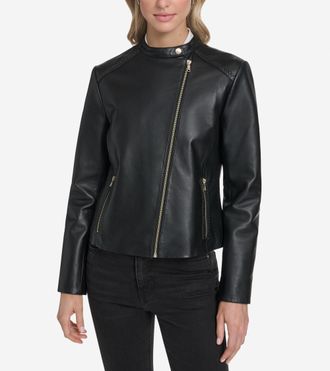 Cole Haan Womens Leather Racer Jacket - Black Size Medium