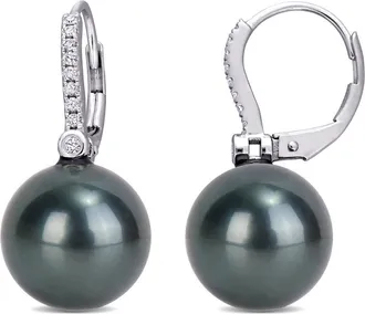 Amour 11 - 12 Mm Black Tahitian Cultured Pearl and 1/8 CT TW Diamond Leverback Earrings In 10K White Gold