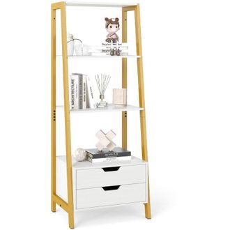 Costway Libreria a scala con contenitore, 4 ripiani aperti e 2 cassetti, libreria versatile per camera da letto, soggiorno e ufficio (bianco)