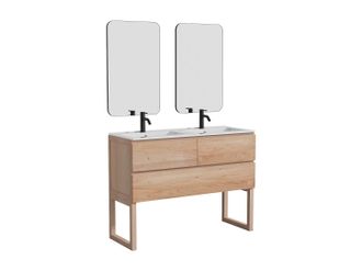 Vente-Unique Mueble de ba&ntilde;o de roble macizo con lavabo doble encastrado, grifo y espejo - Natural claro - 120 cm - TARELO
