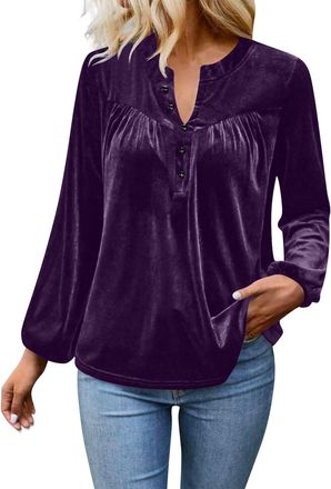 Generic Womens Velvet Long Sleeve Blouse Elegant Plain Henley Neck Button Down Shirt Retro Soft Velvet Fabric Relaxed-Fit Casual Ladies Tunic Tops Comfortable