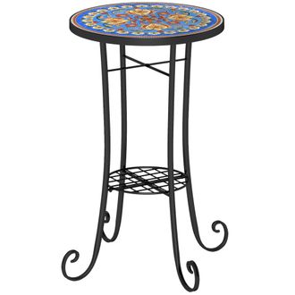 OUTSUNNY 35.5cm Round Mosaic Garden Side Table Plant Stand w/ Shelf - Blue | TJ Hughes