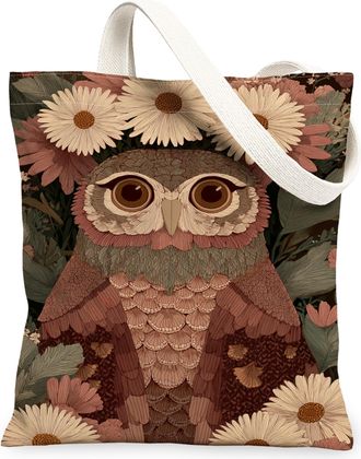 Generic Owl Floral Canvas Tote Bags, Nature Flower Pattern Reusable Shopping Bags, Autumn Vintage Lightweight Washable Shoulder Str, Brown, 13x15 Inch