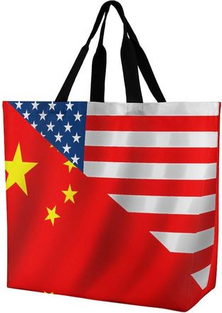 Generic U.S. China Flag Reusable Shopping Bags Large Capacity Grocery Bag Heavy Duty Tote for Women 40x40x16cm