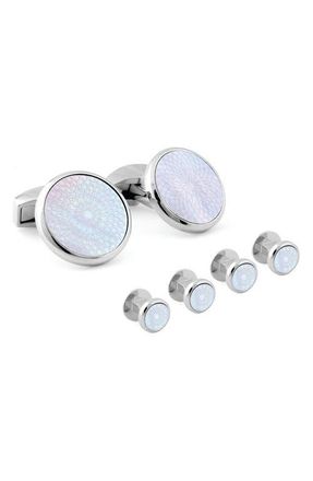 Tateossian Rotondo Guilloch&eacute; Mother-of-Pearl Formal Cuff Link & Shirt Stud Set in White at Nordstrom