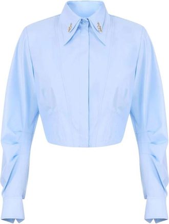 Elisabetta Franchi Camicia in popeline di cotone con dettagli logo - Dames - Overhemden - Blauw - S - Katoen - Overhemden
