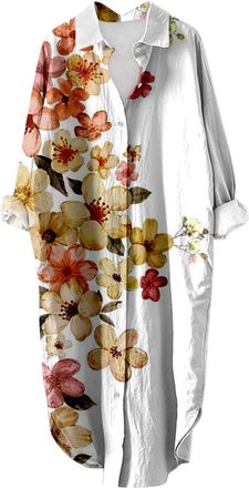 Generic Spring Shirt Dress for Women UK Ladies Collared Neck Long Sleeve Floral Art Pattern Print Vintage Long Shirt Casual Dress with Pockets Maxi Dress (Whi